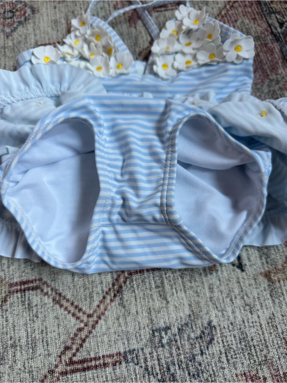 Little Me Light Blue & White Striped Daisy Ruffle One-Piece 12M